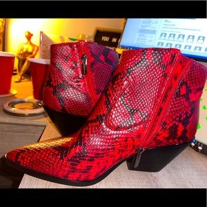 Red Snake Print Ankle Booties
